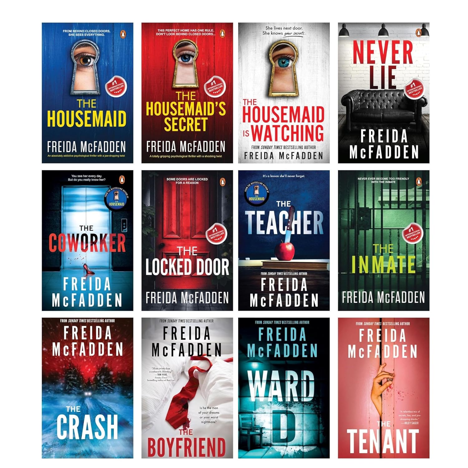 Freida McFadden Thriller Series 12 Books Collection Set (The Housemaid, The Housemaid's Secret, Housemaid Is Watching, The Tenant, Ward D, Never Lie, Coworker, Locked Door, Teacher, Inmate, The Crash and Boyfriend)